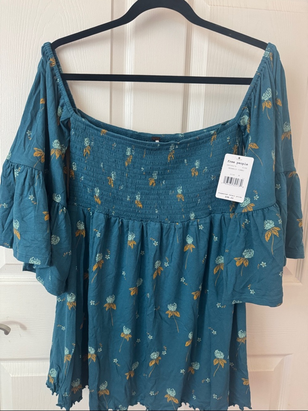 FREE PEOPLE Womens Teal Floral Long Sleeve Off Shoulder Tunic Top NEW WITH TAG